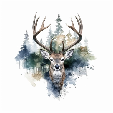 double exposure, deer head and forest,watercolor,white background,clipart