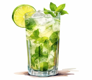 Watercolor clipart of summer drink, Mojito: This popular cocktail combines rum, lime juice, fresh mint leaves, sugar, and soda water. It's a delightful and refreshing drink, perfect for hot summer days, intricate details, vector, hyperrealistic, white background, no splashes, no text, no watermark