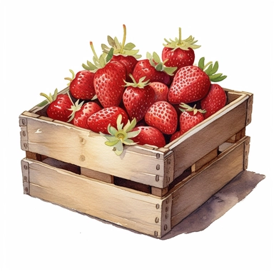 watercolor vintage style strawberries in rustic crate clipart, strawberries in a rustic farm crate, strawberry, vibrant colors, 1960, vintage, watercolor, realistic drawing in storybook illustration, pencil drawing by Angela Barrett, Elsa Beskow, ultrafine detailed, highly detailed, high resolution, 8K, white background
