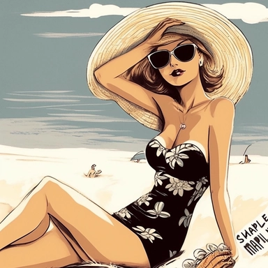 portrait view, full view, clipart illustration, beautiful lady sunbathing on beach, exact image, sharp focus, high detail, (--iw 5)