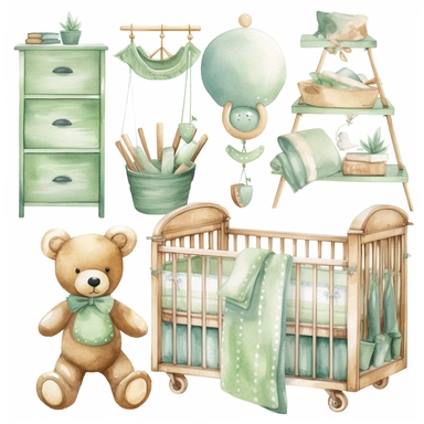 watercolour clipart of newborn nursery items green theme, including cot, dummie, hanging mobile, baby shoes, featuring cute teddy bear with white background