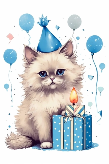 happy birthday Champaign clipart for card print, cute ragdoll kitten illustration, hallmark 1950s style png vector isolated on white background