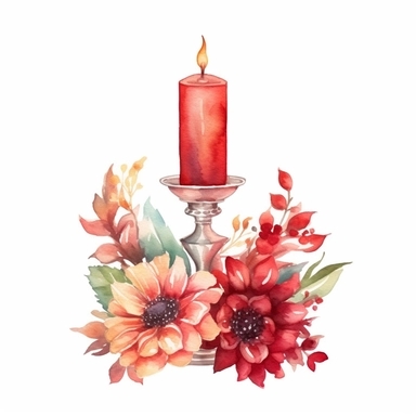 Watercolor one red Vintage candle holder with flowers as decoration Clipart, white isolated background, space out, hd, 8k, realistic