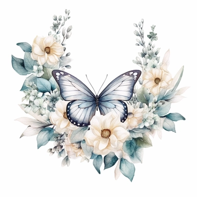 frosty white butterfly clipart with flower border, white background, watercolor, vector