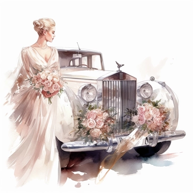amazing detailed watercolor clipart of a beautiful smiling bride with blond hair and with a beautifully detailed glittering couture dress and a long veil and a handsome groom, standing in front of a white rolls royce car, with flowers on the car, solid white background, clean sharp focus
