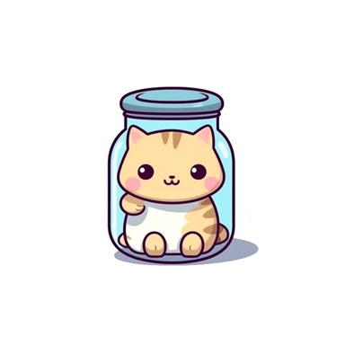 cute simple 2d kawaii cat with a cookie jar, clipart, white background