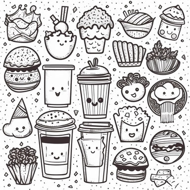 vector black and white, Cute kawaii fast food pairs clip art set, valentines food clip art, food pair, food couple, food duos, drinks clipart, love hearts background party clip art, food PNG, line art