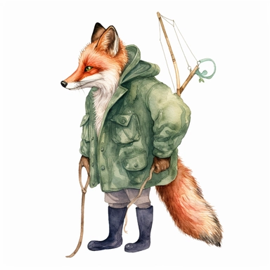 watercolor fox clipart, red fox in green jacket with fishing net on his shoulder, storybook fox, bushy tail