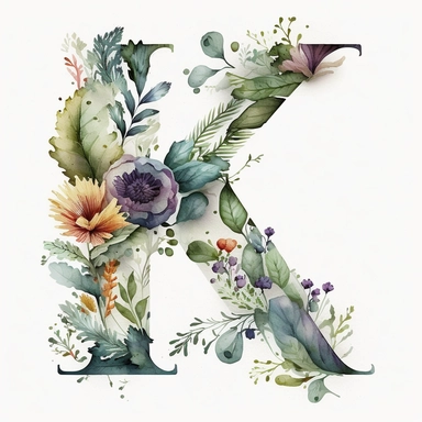 Watercolor botanical flower letter K, clipart, colorful, white background