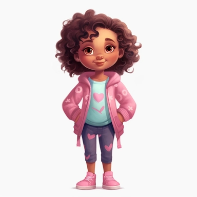 4 year old cartoon Pretty girl, cute cartoon white skin girl with medium lenght curly hair with a pink bow and brown eyes, wearing fuchsia t-shirt, pink coat, blue jeans and pink sneakers, smiling with her arms crossed. Pixar childrens book cartoon style, detailed, modern, urban, watercolor, full color, flat color, white background, children book illustration. Watercolor clipart. Pixar animation