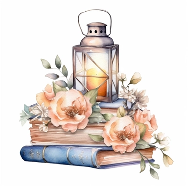 books with fancy lantern,watercolor,floral,cute,light color,white background,clipart