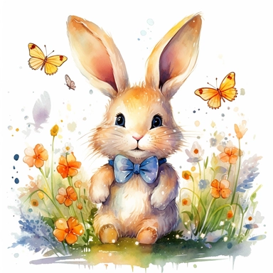 /imagie cute bunny eating a carrot surrounded by flowers and butterflys, clip art, water colored