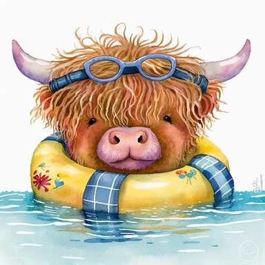 watercolor clipart of a cute happy highland cow swimming in a beach wearing swimming rings and goggles