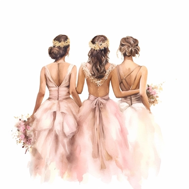glamour dolce & gabbana half body back shot, watercolor white wedding dress bride wedding brunette hairstyle with beautiful gold headpiece clipart, + two bridesmaids in pink dress, hd, isolated on white background, spaced out ar 3:2