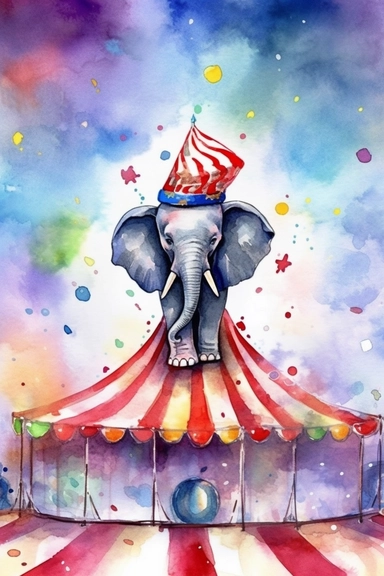 SURREAL cartoon elephant balancing on a circus ball, painted in a carnival of colors, against a circus tent background. Detailed watercolor, clip art, cartoon, 8k