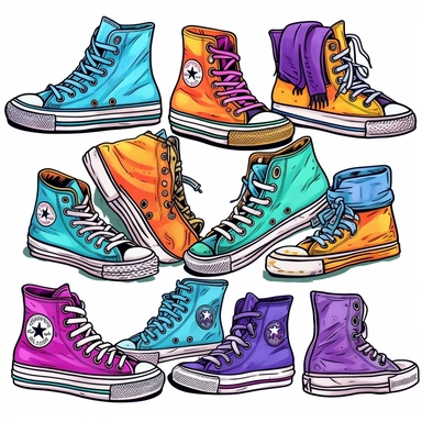 hand drawn clipart of retro + throwback +chuck Taylor high tops in Lisa frank colors