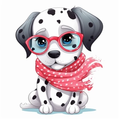 funny kawaii Dalmatian Puppy with Balenciaga sunglasses and cool bandana or necklaces, cute illustration, clipart, white backgound, Cuttable Design