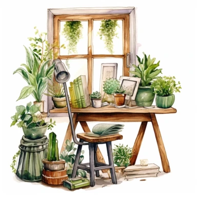 A boho style home working corner with watercolor effect, boho style tools, boho style big window, , boho style details, boho colors, suitable for digital clipart, white background, boho style green plants, boho flowers