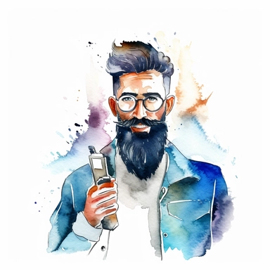 close shot of a man with beard and stylish haircut, barbar, holding sizer and barbar stuff, water color clipart, White background