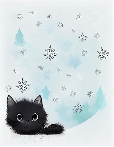 a cute fluffy black Santa cat on the roof, snowing snowflakes, Christmas, cartoon style, Illustration for kids, white background, clipart, 8k,