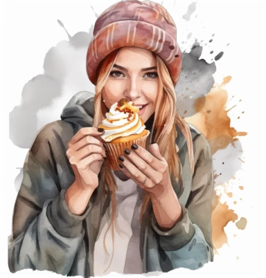 watercolor clipart white backgrond a woman eating a cupcake, in the style of nikon d850, hispanicore, outdoor scenes, brown, joyful and optimistic, batik, 32k uhd