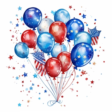 Balloons and Confetti: Create clipart of balloons in different colors and shapes, paired with confetti elements. This clipart can be used to add a celebratory and joyful atmosphere to your designs. patriotic pattern, stars and stripes, red white and blue, delicate detail, watercolor, in the style of artgerm, 2d game art, quadratura, clipart, on white background,