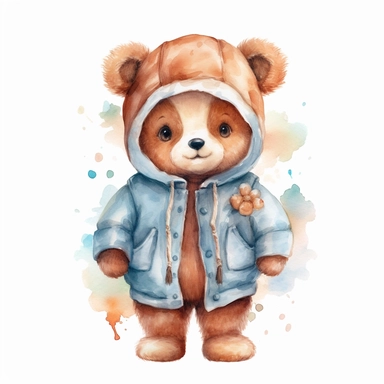 watercolor , character cute dressed baby teddy bear, clipart, vector, on white background, 8k