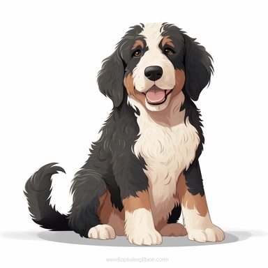 bernedoodle dog clip art, simple, vivid colors, head tilted, full body, happy, white background