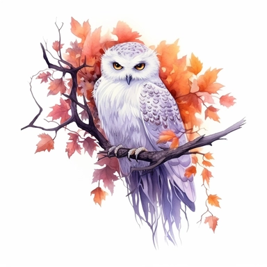hand drawn spooky branch with cobwebs and leaves, snowy owl with glowing eyes perched on the branch,Halloween, purple and orange shades,fantasy, glamorous, , clipart style, detailed and realistic, watercolor, white background with margins