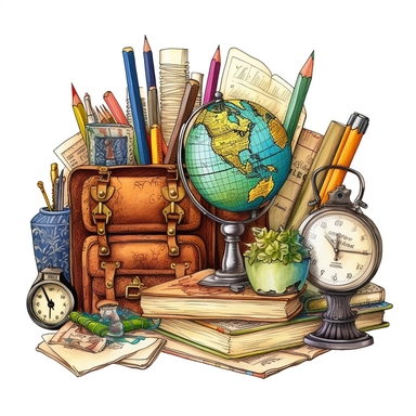 stationery, books, notebooks, pencils, backpacks, folders, globes, computers, and many more, illustrations, clipart, meticulously hand-illustrated, bringing the beauty of nature, white background