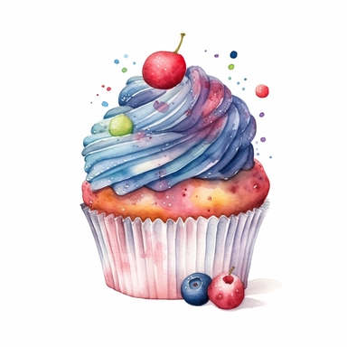 Watercolour of a cupcake, Clipart,Cartoon,hyper realistic, intricate detail isolated on a white background, high quality, sublimation, detailed, cartoon style