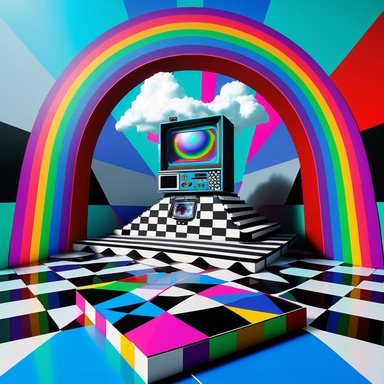 Imagine an eclectic digital art scene inspired by late 90s and early 2000s websites, featuring a black and white checkered floor that seamlessly transitions into a Windows 95-style sky. The composition includes rainbows, a pyramid, a UFO, Hello Kitty, an ancient Greek statue, and columns, all infused with an 80s electronics vibe. Elements of the image are animated with gifs, clipart, and quirky text in Comic Sans