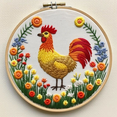 Hand embroidered chicken clipart on a flat white background 2, standing on the grass, It is surrounded by small yellow and red flowers In the shape of a circle,