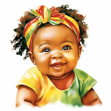 Cute Beautiful Red yellow green juneteenth Baby Girl Watercolor Clipart,Cartoon, hyper realistic, intricate detail, illustration style,high solution,on the white background