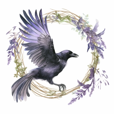 a cute fluffy fat flying raven on a branch, wreath, in a circle, clipart, white background, watercolor, Art Nouveau, highly detailed