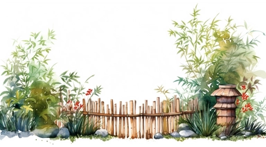 A bamboo fence with a Japanese garden backdrop clipart, white background, watercolor drawing