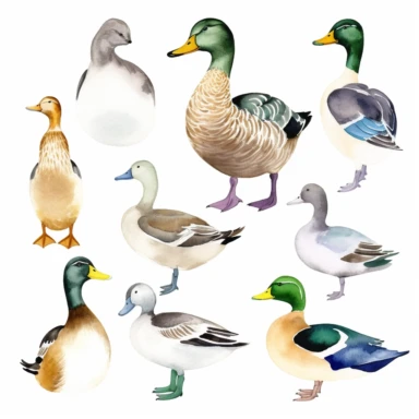 watercolor mallard ducks clipart, realistic, isolated white background, spaced out ducks, no white on ducks