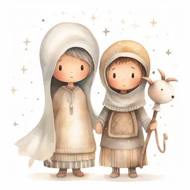 A watercolor painting of a cute nativity with Mary and Joseph, Christmas, cute detailed digital art, inspired by nicoletta ceccoli, by Kubisi art, whimsical and cute, by nicoletta ceccoli, cute detailed artwork, glimmering, adorable and whimsical, whimsical art, Clipart style, png style, svg style, blank white background, a solid white background