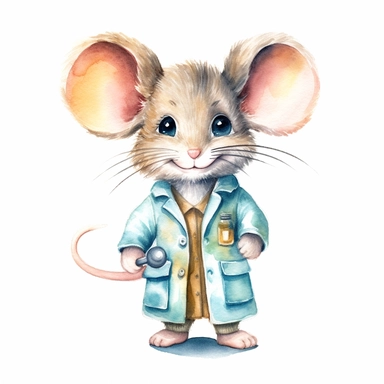 a cute watercolor clipart image with a white background, featuring a charming cute cartoon mouse doctor in a lab coat
