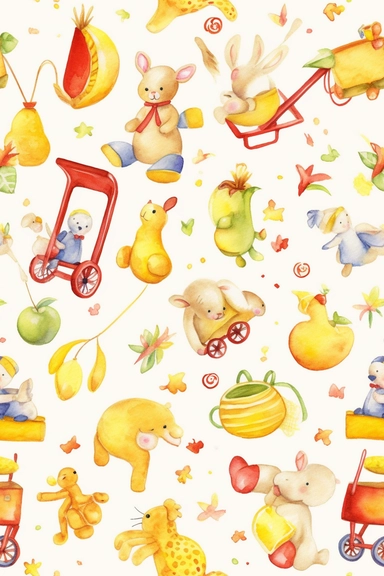 A delightful watercolor clipart seamless pattern featuring whimsical baby toys and accessories (medium: digital illustration)(style: inspired by the works of Beatrix Potter and Margaret Tarrant)(lighting: bright and cheerful with bold contrasts)(colors: vibrant hues of yellow, orange, and purple)(composition: a repeating pattern of fun baby items, such as mobiles, rattles, and teethers, with a watercolor effect that adds a whimsical touch, captured with a high-quality camera and a wide-angle len