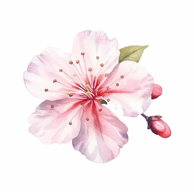 single SAKURA CHERRY BLOSSOM FLOWER SOFT WATERCOLOR, HIGH DETAIL, MODERN REALISTIC CARTOON STYLE, 8K WHITE TRANSPARENT BACKGROUND, CLIPART--AR 3:2