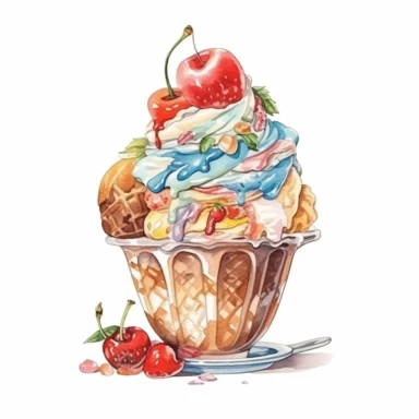 Watercolour of a Ice Cream sundae, Clipart,Cartoon,hyper realistic, intricate detail isolated on a white background, high quality, sublimation, detailed, cartoon style