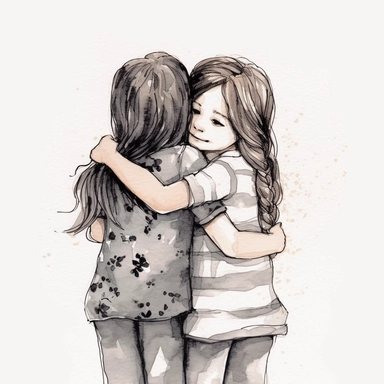 illustration, watercolor, best friend hug clipart, black outline, white background