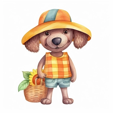 Summer cute cartoon dog dressed for summer, clipart, watercolor illustration for kid, white background