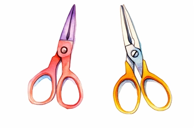 Watercolor School Clipart, a pair of scissors, a scissor is a cutting tool consisting of two blades pivoted together in such a way that the blades slide across each other when the handles are closed. Scissors are commonly used for cutting materials such as paper, cardboard, fabric, and hair. They are also used for various household and office tasks. Scissors come in different sizes and shapes for different purposes, objects in the style of minimalist illustrator, child drawing, white background,