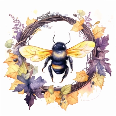 big fat bumble bee on a grapevine wreath, closeup, detailed, maximalist, free brushstrokes, magical, watercolour illustration. colourful, white background isolated. aquarellist, fantasy, cute, clipart, cottagecore,