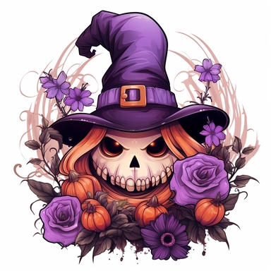 Spooky Cute halloween sublimation, Purple color Clipart, below are some flowers, and the head is cap, isolated on a white background,high quality design and Summons will be a pumkin
