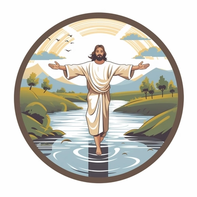 High Quality Jesus Christ hands in the air with a stick in his hands, River splitting through the middle with walking path, River water on the side of the design, Clipart style, solid white background