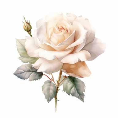 One Dusty pink and white rose flower, big blooms, with muted green whispy foliage with gold flicks, elegant and beautiful floral clipart for wedding invitations, delicate, watercolor, oil painting, defined edge on white background