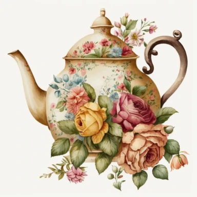 Vintage old school floral tea pot, watercolour clipart